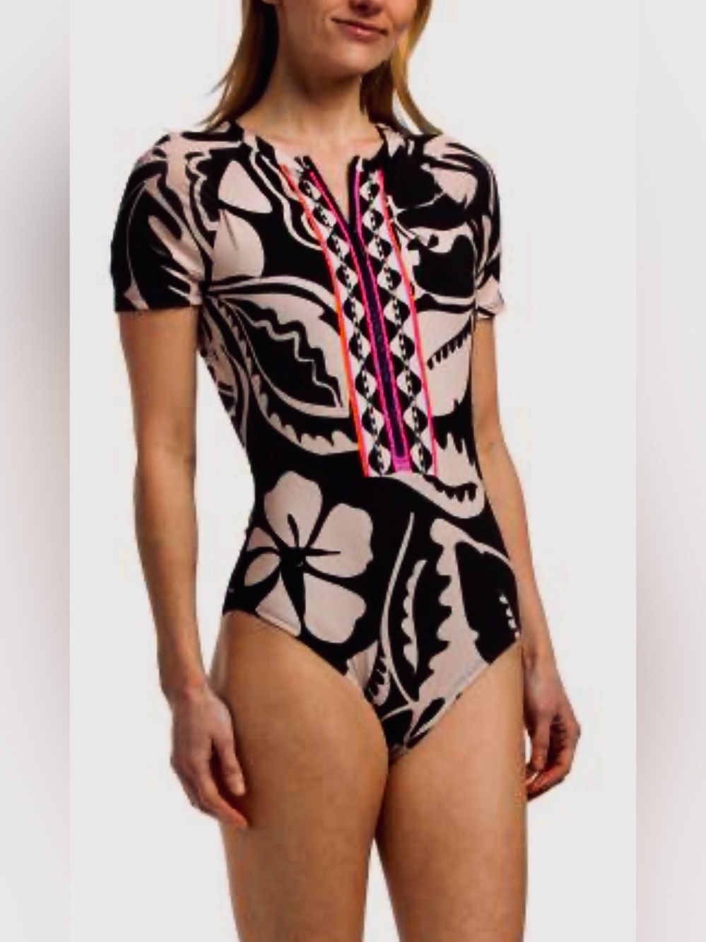 TRINA TURK Florence Paddle 1 PC Black & Beige W/Neon Trim-Capped Sleeve Med NWT